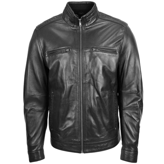 Men's Standing Collar Leather Jacket Tony Black - genuine leather jacket in black with four outer pockets