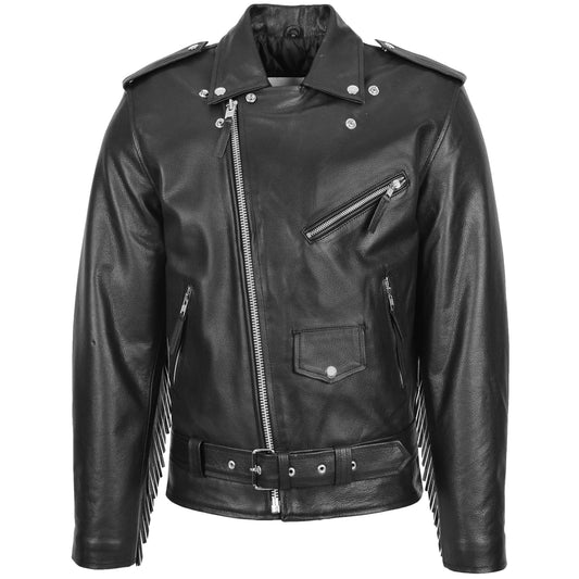 Mens Biker Brando Leather Jacket with Fringes Wayne Black - genuine leather jacket in black with biker