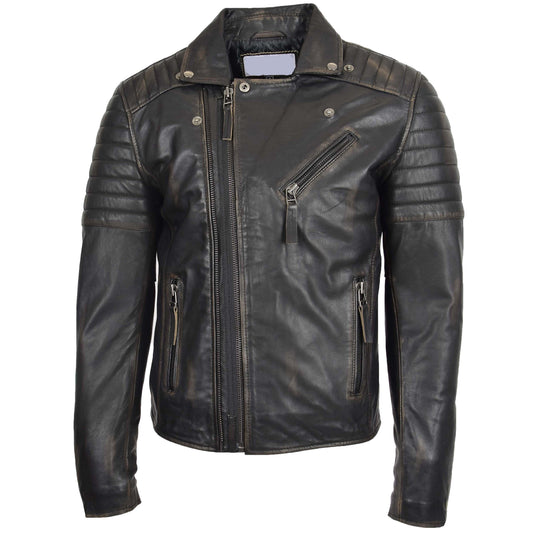 Mens Biker Leather Jacket Dual Zip Hook Black Rub Off - genuine leather jacket in black rub off with biker