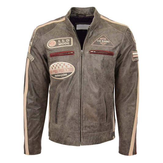 Mens Biker Leather Jacket with Badges Kurt Brown - genuine leather jacket in brown with badges