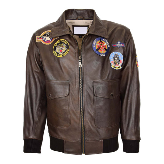 Mens Bomber Leather Jacket Air Force Style Lester Brown - genuine leather jacket in brown with bomber