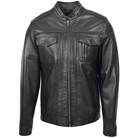 Mens Casual Biker Leather Jacket Jaime Black - genuine leather jacket in black with biker