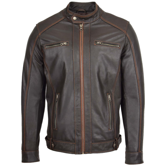 Mens Classic Leather Biker Style Zip Jacket Ethan Brown - genuine leather jacket in brown with biker