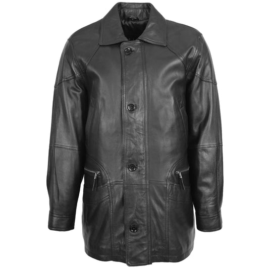 Mens Classic Leather Winter Car Coat M2 Black - genuine leather coat in black with car coat