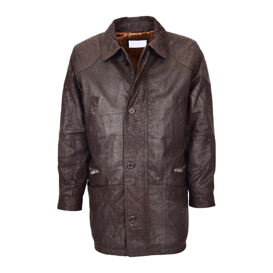 Mens Classic Leather Winter Car Coat M2 Brown - genuine leather coat in brown with car coat