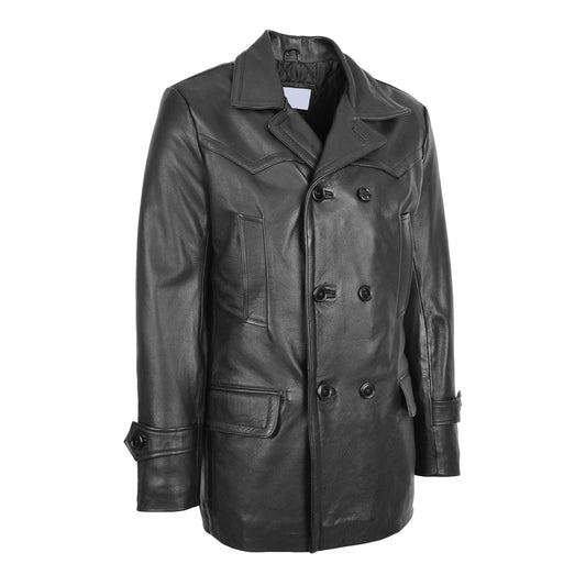 Mens Double Breasted Leather Peacoat Salcombe Black - genuine leather coat in black with double breasted