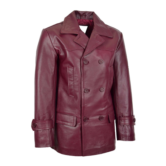 Mens Double Breasted Leather Peacoat Salcombe Burgundy - genuine leather coat in burgundy with double breasted