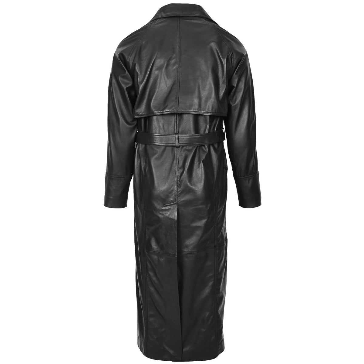 Mens Full Length Double Breasted Leather Coat Pete Black - genuine leather coat in black with double breasted