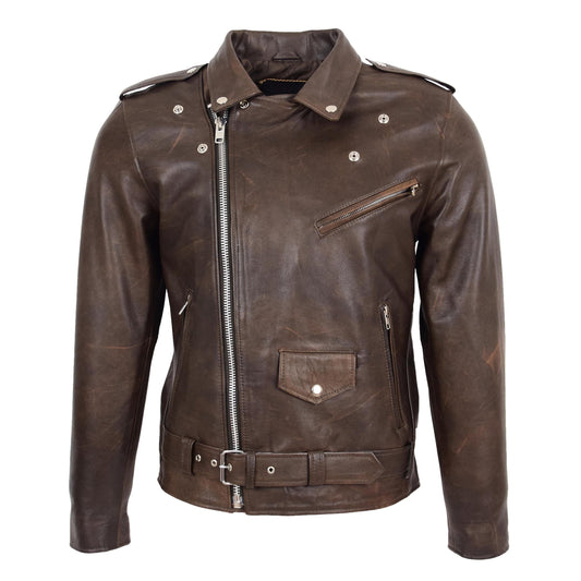 Mens Heavy Duty Leather Biker Brando Jacket Kyle Antique Brown - genuine leather jacket in antique brown with biker