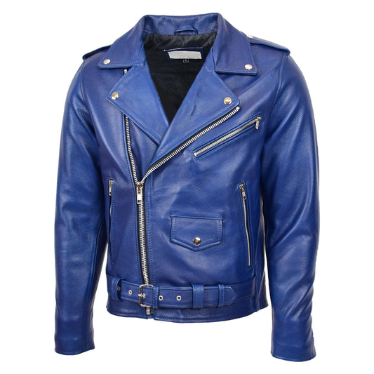 Mens Heavy Duty Leather Biker Brando Jacket Kyle Blue - genuine leather jacket in blue with biker