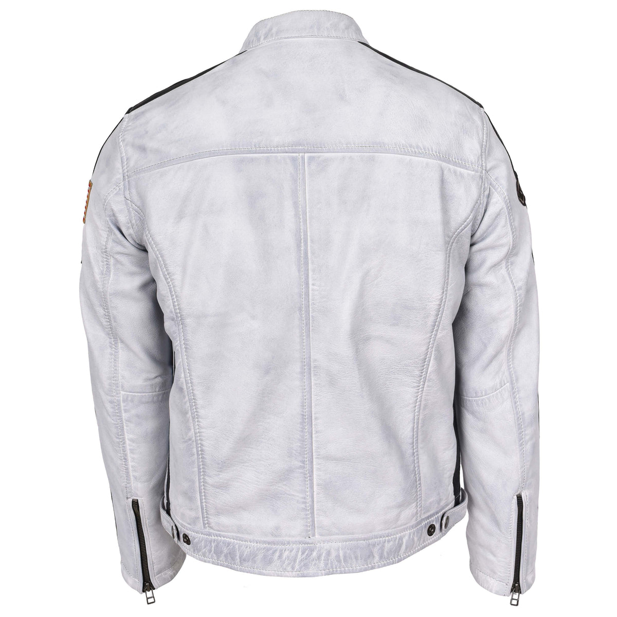 Mens Leather Biker Jacket Motorsport Logos Bobby Vintage White - genuine leather jacket in vintage white with vintage