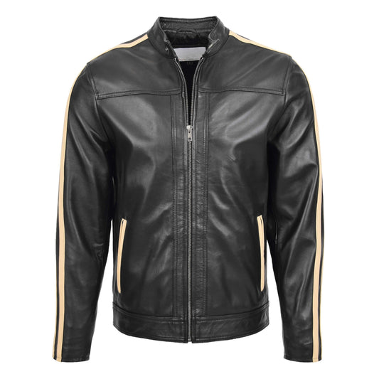 Mens Leather Biker Jacket with Racing Stripes Clyde Black - genuine leather jacket in black with biker