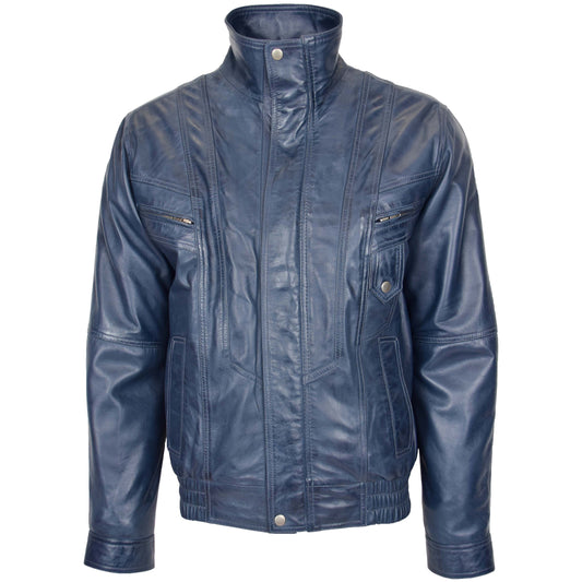 Mens Leather Bomber Blouson Jacket Robert Blue - genuine leather jacket in blue with bomber