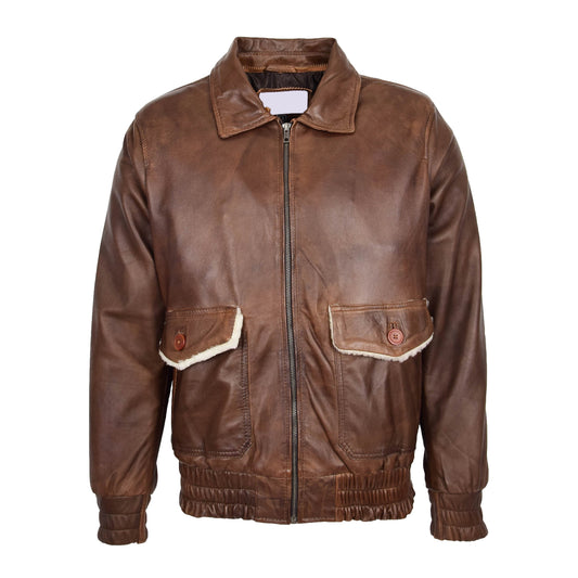 Mens Leather Bomber Jacket G-1 Aviator Style Cooper Brown - genuine sheepskin jacket in brown with bomber