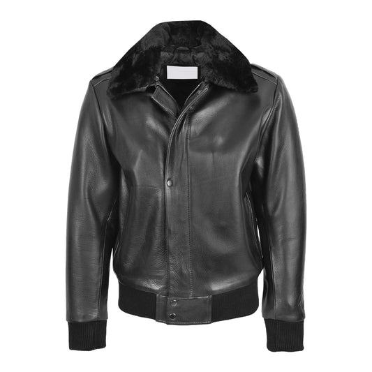 Mens Leather Bomber Pilot Jacket Removable Collar Leroy Black - genuine leather jacket in black with bomber