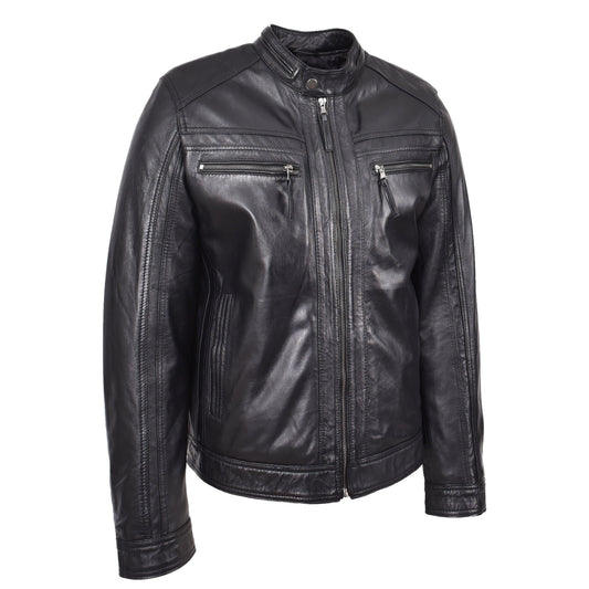 Mens Leather Cafe Racer Biker Jacket Charlie Black - genuine leather jacket in black with biker