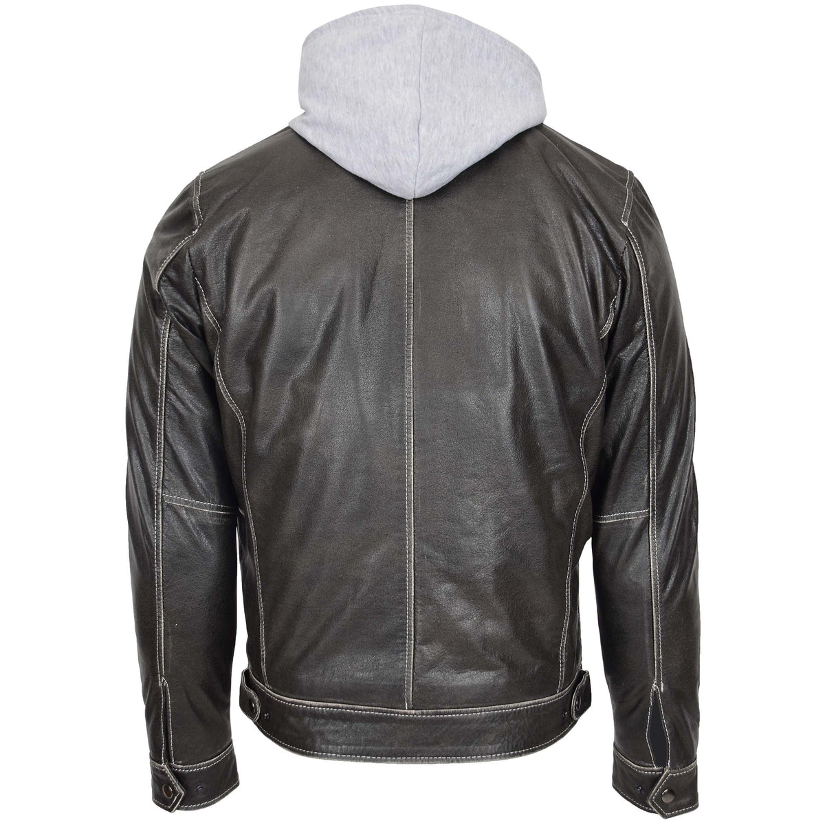 Mens Leather Detachable Hoodie Work Jacket Cypher Grey - genuine leather jacket in grey with detachable hood
