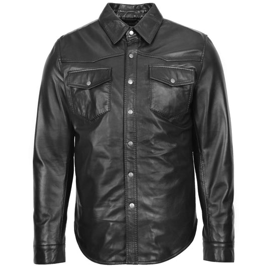 Mens Leather Shirt Classic Trucker Style Oliver Black - genuine leather jacket in black with trucker