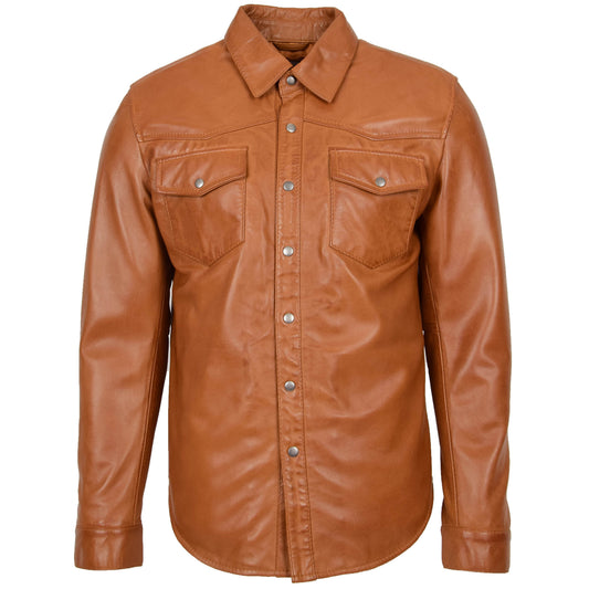 Mens Leather Shirt Classic Trucker Style Oliver Tan - genuine leather jacket in tan with trucker