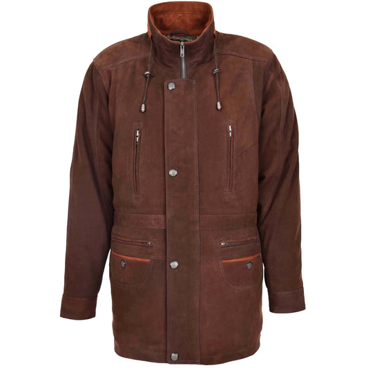 Mens Leather Winter Car Coat Hip Length Jason Brown Nubuck - genuine leather coat in brown nubuck with car coat