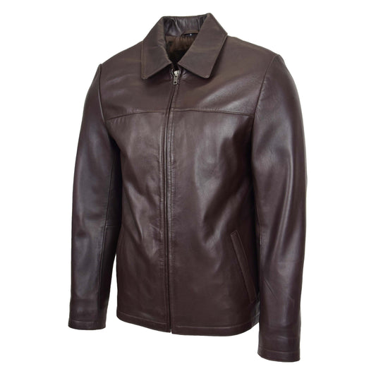 Mens Leather Zip Box Harrington Jacket James Brown - genuine leather jacket in brown with harrington