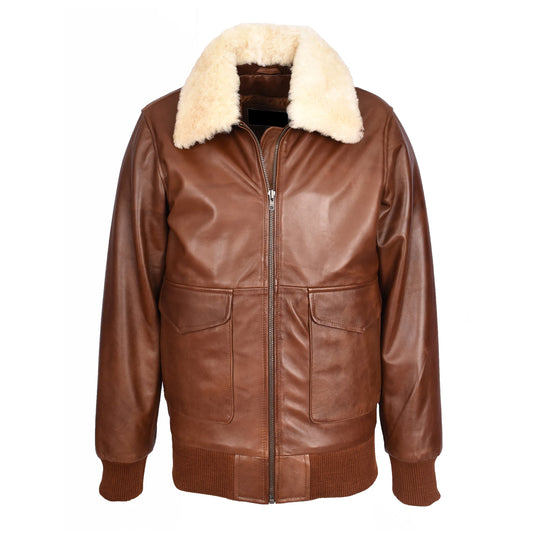 Mens Premium Leather Aviator Bomber Jacket Detachable Collar G-1 Pilot Style Luca Tan - genuine sheepskin jacket in tan with bomber
