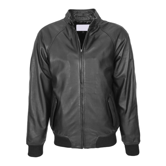 Mens Real Leather Bomber Jacket Raglan Shoulder Francis Black - genuine leather jacket in black with bomber
