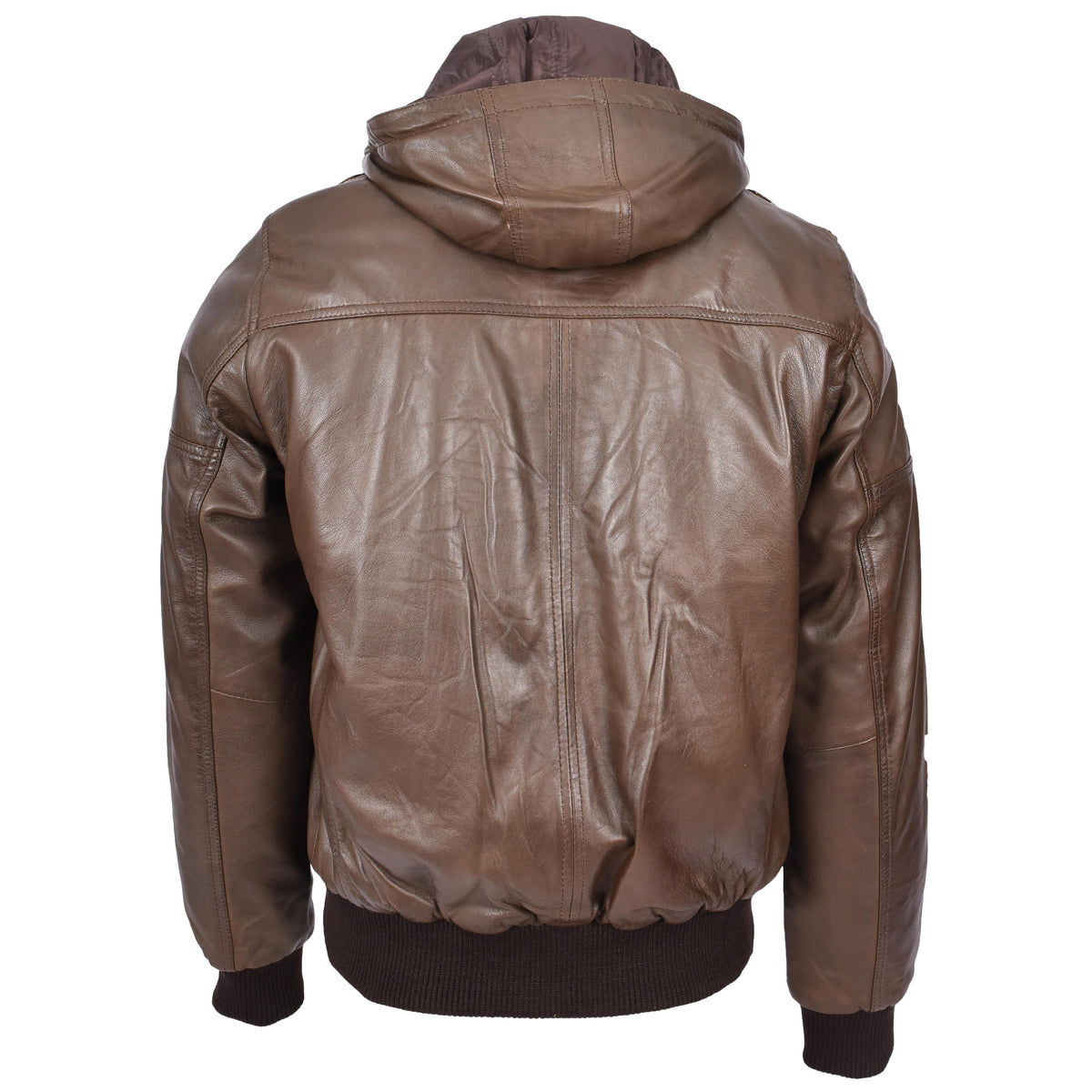 Mens Real Leather Bomber Jacket Trendy Removable Hood Style Reggie Brown - genuine leather jacket in brown with bomber