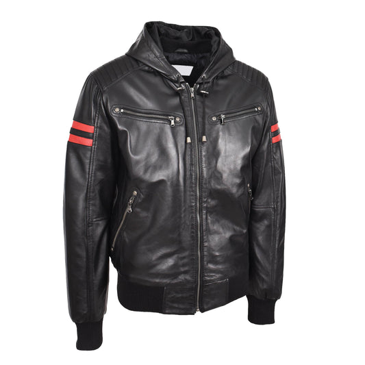 Mens Real Leather Bomber Zip Jacket Hooded Remmy Black - genuine leather jacket in black with hooded