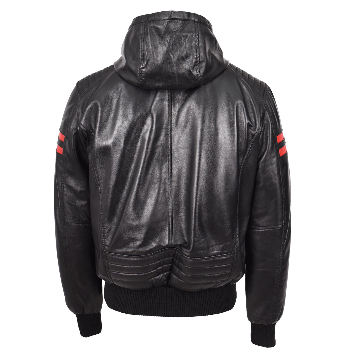 Mens Real Leather Bomber Zip Jacket Hooded Remmy Black - genuine leather jacket in black with bomber