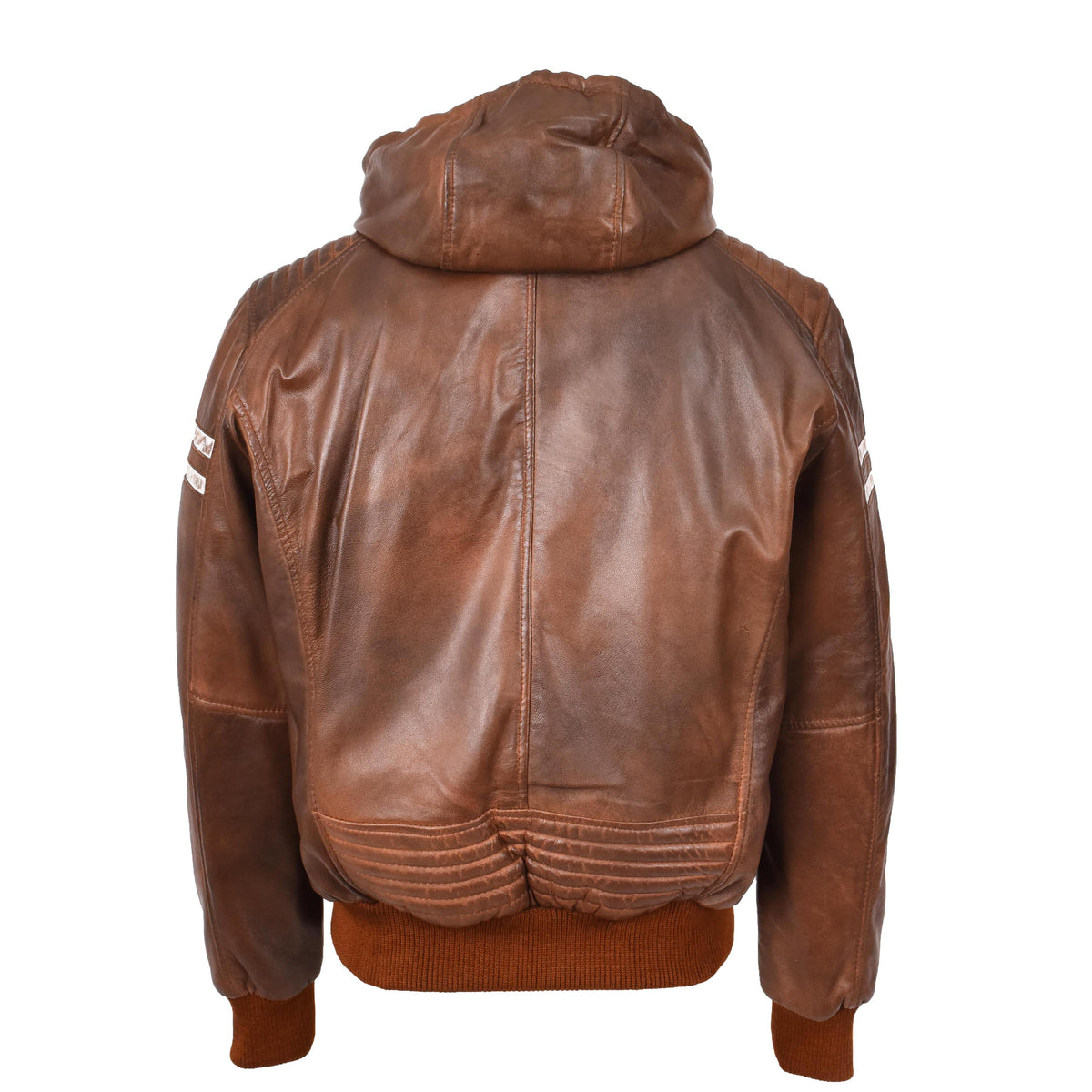 Mens Real Leather Bomber Zip up Detachable Hoodie Jacket Remmy Cognac - genuine leather jacket in cognac with bomber