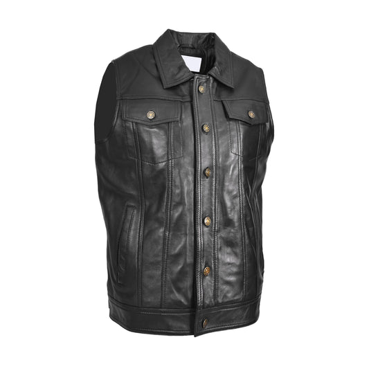 Mens Real Leather Waistcoat Classic Trucker Style Vest Teddy Black - genuine leather vest in black with trucker
