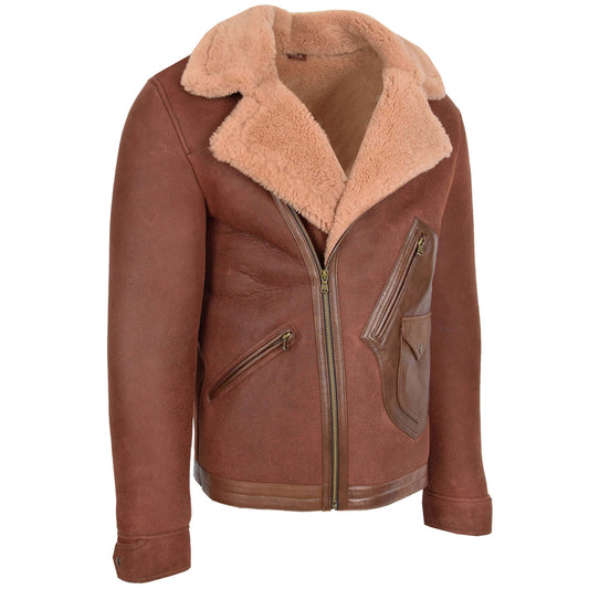 Mens Sheepskin Aviator Jacket Cross Zip Biker Style Dustin Brown Ginger - genuine sheepskin jacket in brown ginger with cross zip