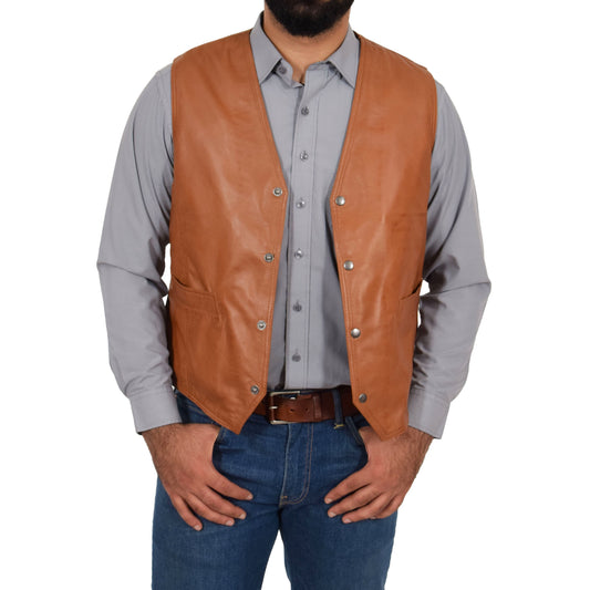 Mens Leather Traditional Waistcoat Petrelli Tan - genuine leather vest in tan with two outer pockets