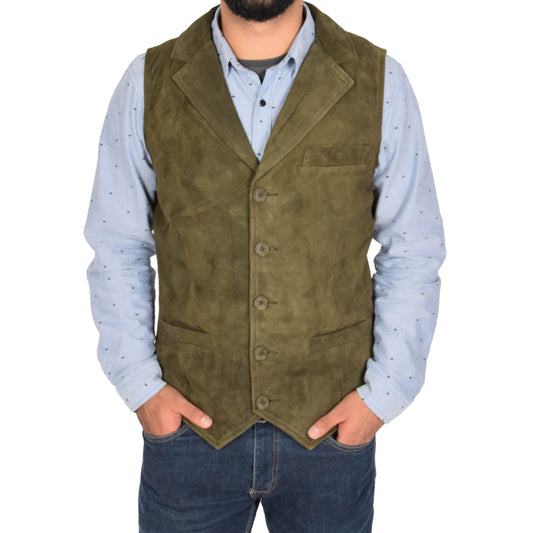 Mens Suede Buttoned Waistcoat Gilet Devin Green - genuine suede vest in green with waistcoat