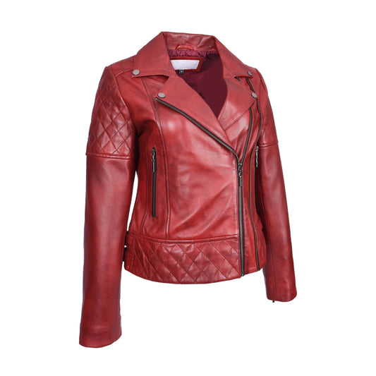 Women's Real Leather Jacket Multi Cross Zip Biker Style Fitted Quilted Nixi Burnish Red - genuine leather jacket in red with quilted