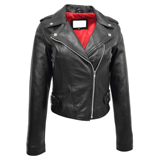 Womens Leather Biker Style Cross Zip Jacket Emma Black - genuine leather jacket in black with cross zip
