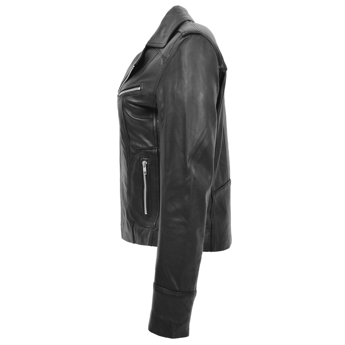 Womens Leather Fitted Biker Style Jacket Kim Black - genuine leather jacket in black with four outer pockets