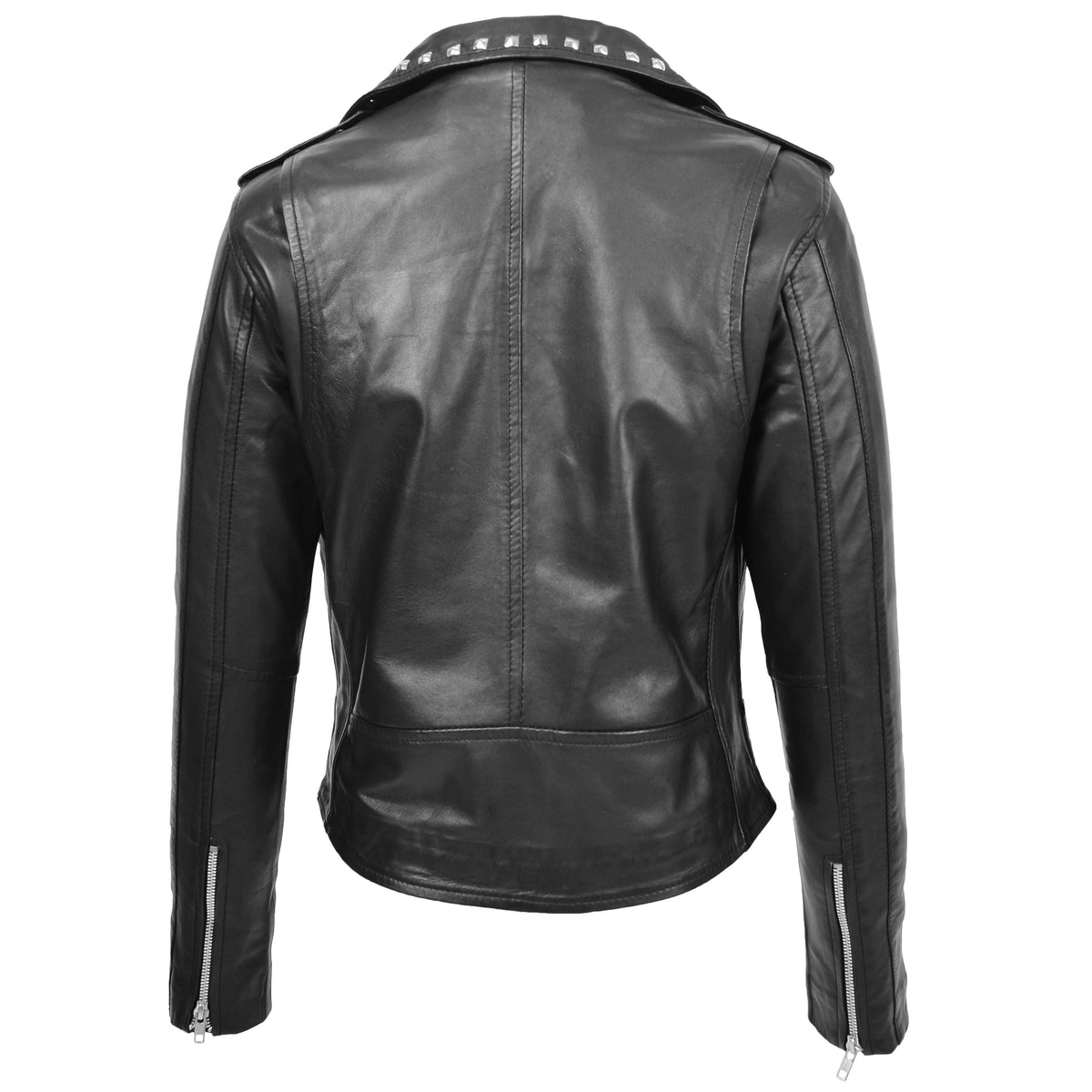 Womens Leather Studded Brando Style Jacket Salma Black - genuine leather jacket in black with three outer pockets