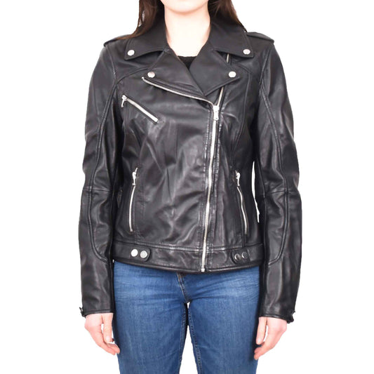 Womens Real Leather Biker Cross Zip Jacket Style Tiana Black Size 12 - genuine leather jacket with biker