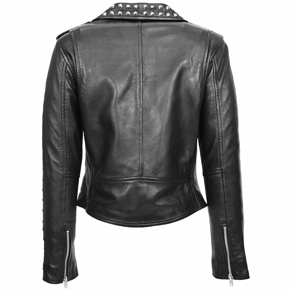 Womens Real Leather Biker Jacket Studded Brando Jacket Heidi Black - genuine leather jacket in black with three outer pockets