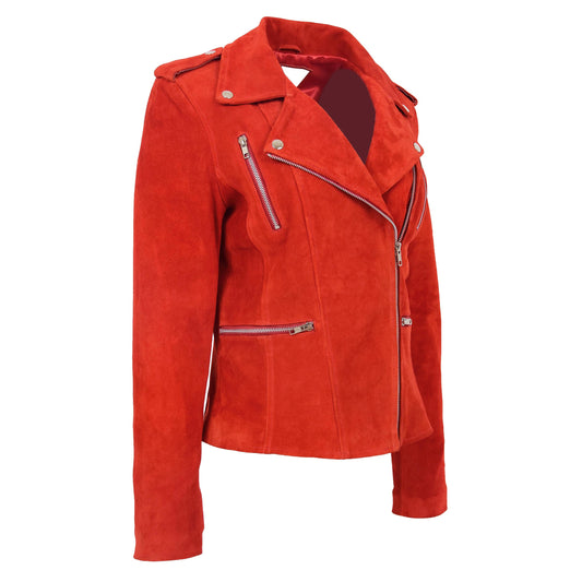 Womens Suede Biker Style Zip Jacket Skylar Red - genuine suede jacket in red with biker
