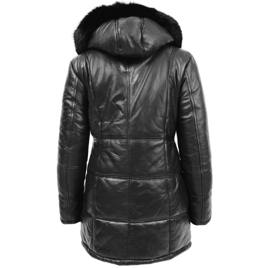 Womens 3/4 Length Leather Puffer Coat Lisa Black - genuine leather coat in black with puffer
