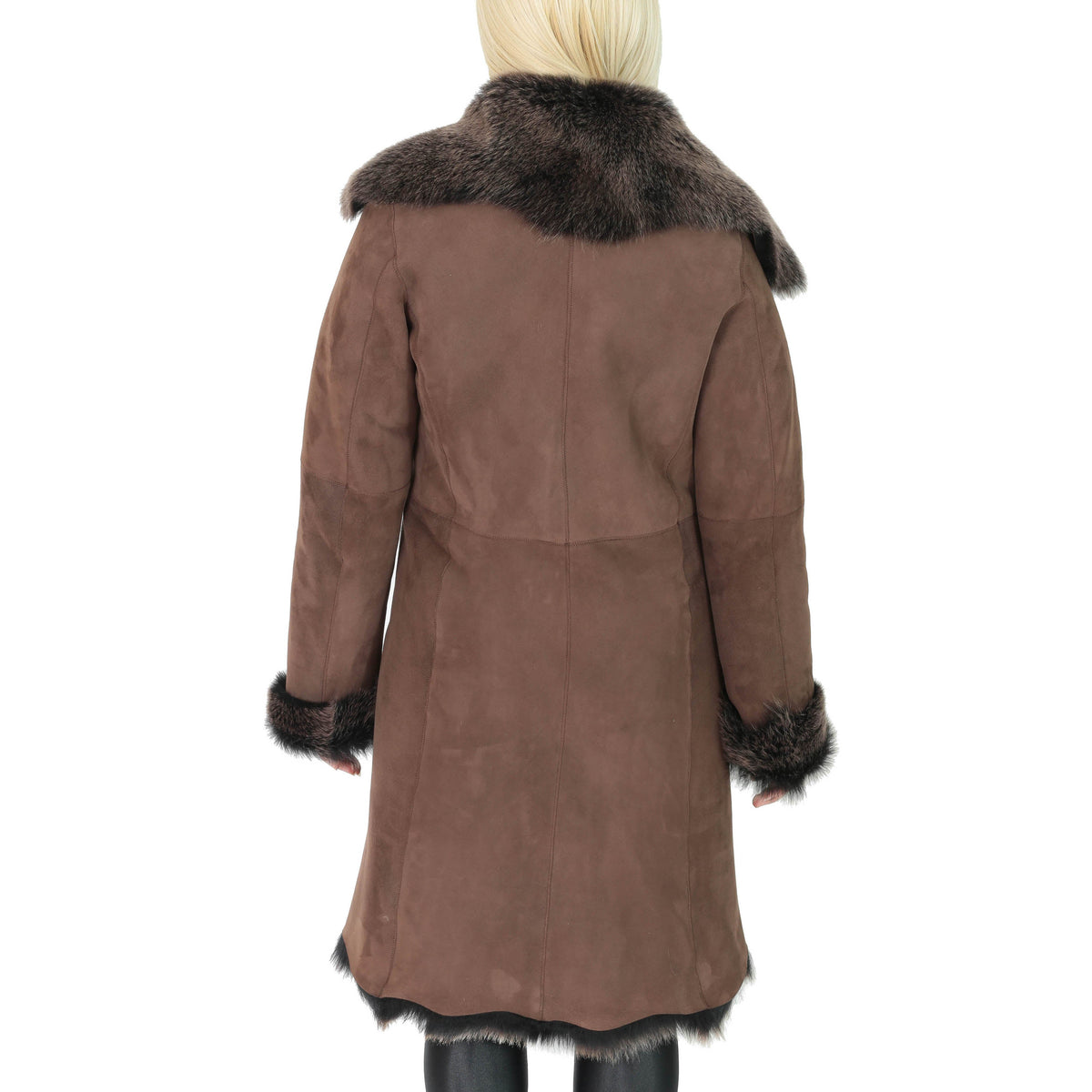 Womens 3/4 Length Toscana Shearling Luxury Coat Brown Gold - genuine sheepskin coat with 3/4 length