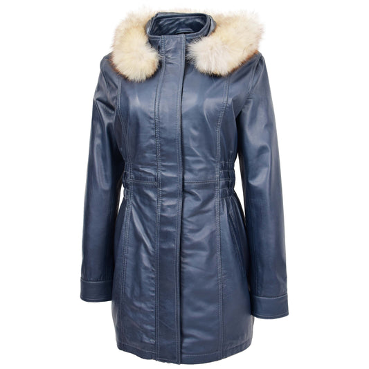 Womens Detachable Hoodie Leather Coat Kathy Blue - genuine leather coat in blue with detachable hood