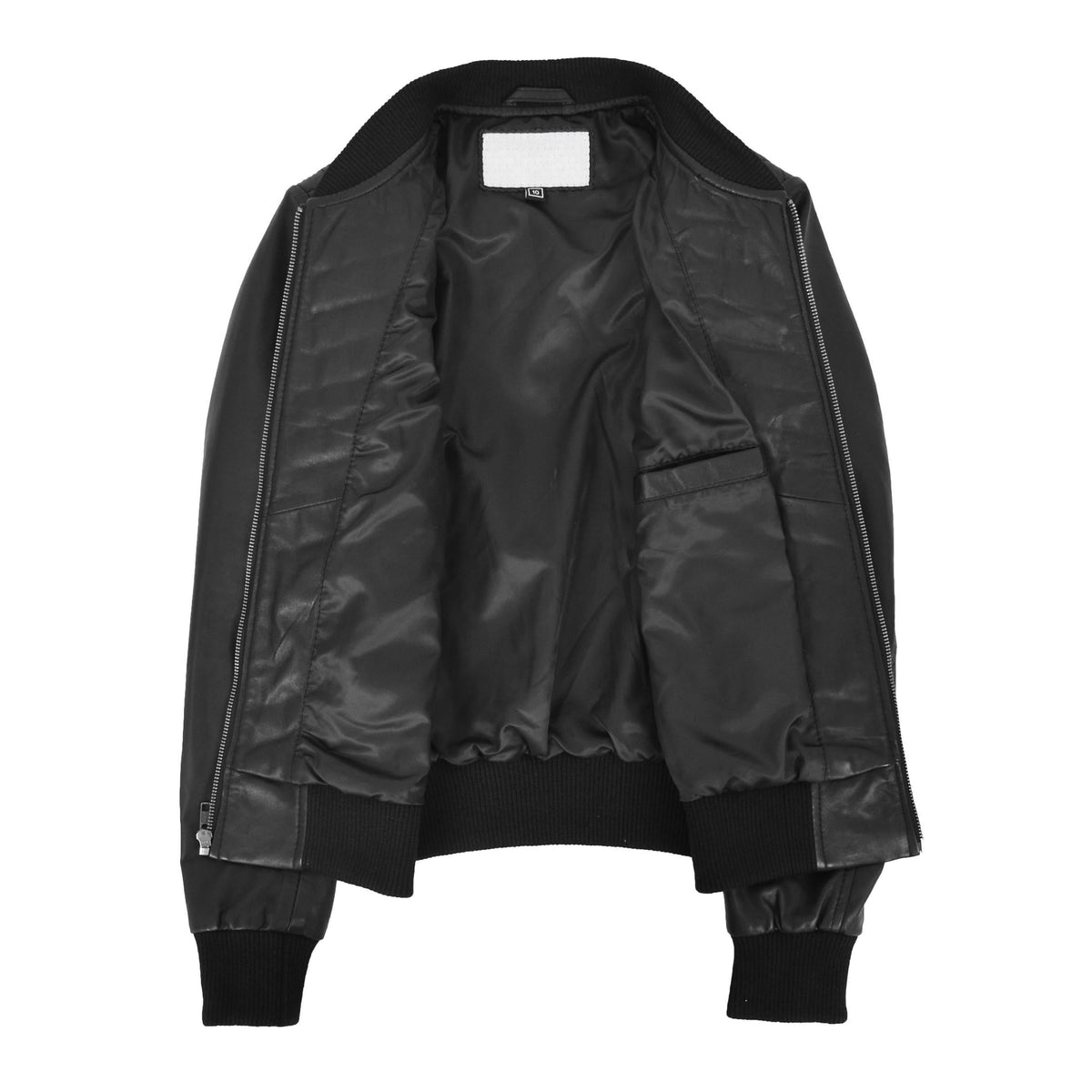 Womens Leather Varsity Quilted Bomber Jacket Sally Black - genuine leather jacket in black with two outer pockets