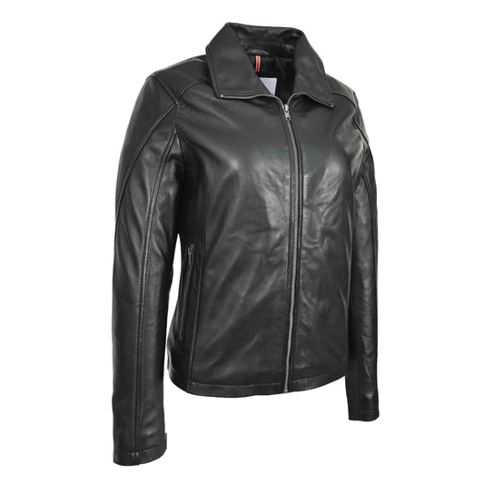 Womens Real Leather Classic Jacket Zip Box Style Camila Black - genuine leather jacket in black with two outer pockets