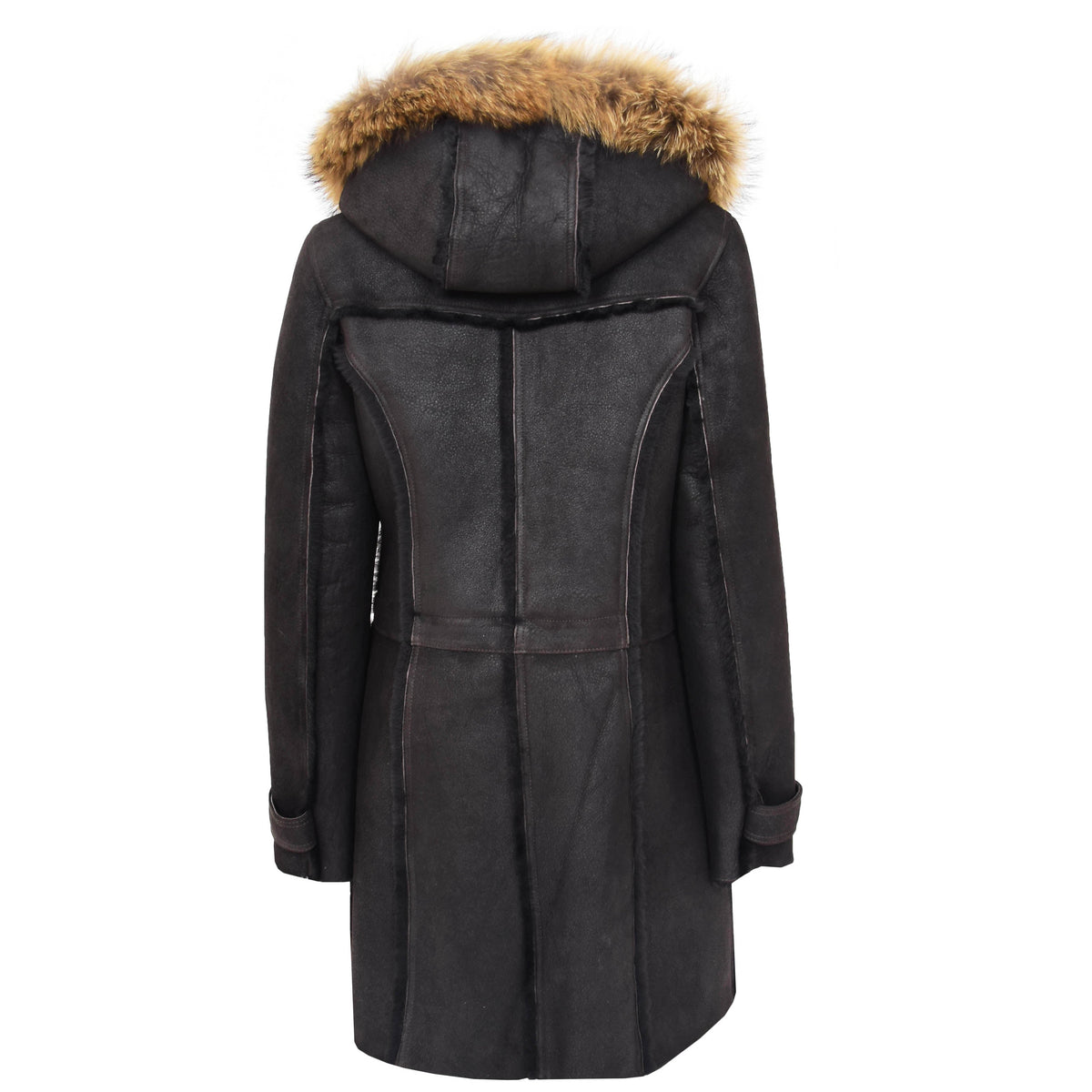 Womens Sheepskin Duffle Coat 3/4 Length Parka Beth Dark Brown - genuine sheepskin coat in dark brown with duffle