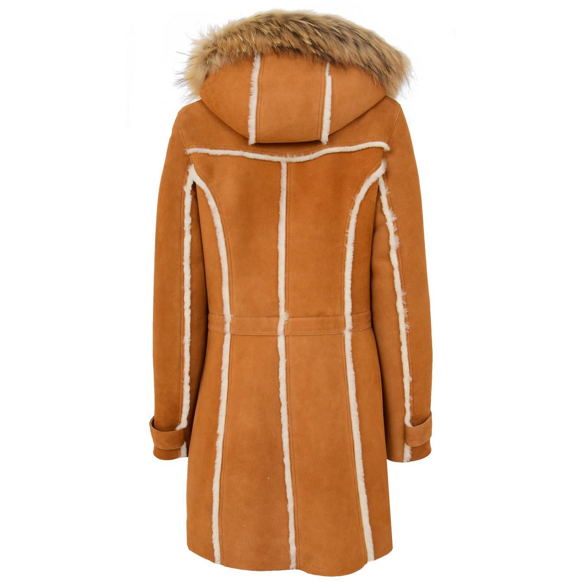 Womens Sheepskin Duffle Coat 3/4 Length Parka Beth Tan White - genuine sheepskin coat in tan white with parka