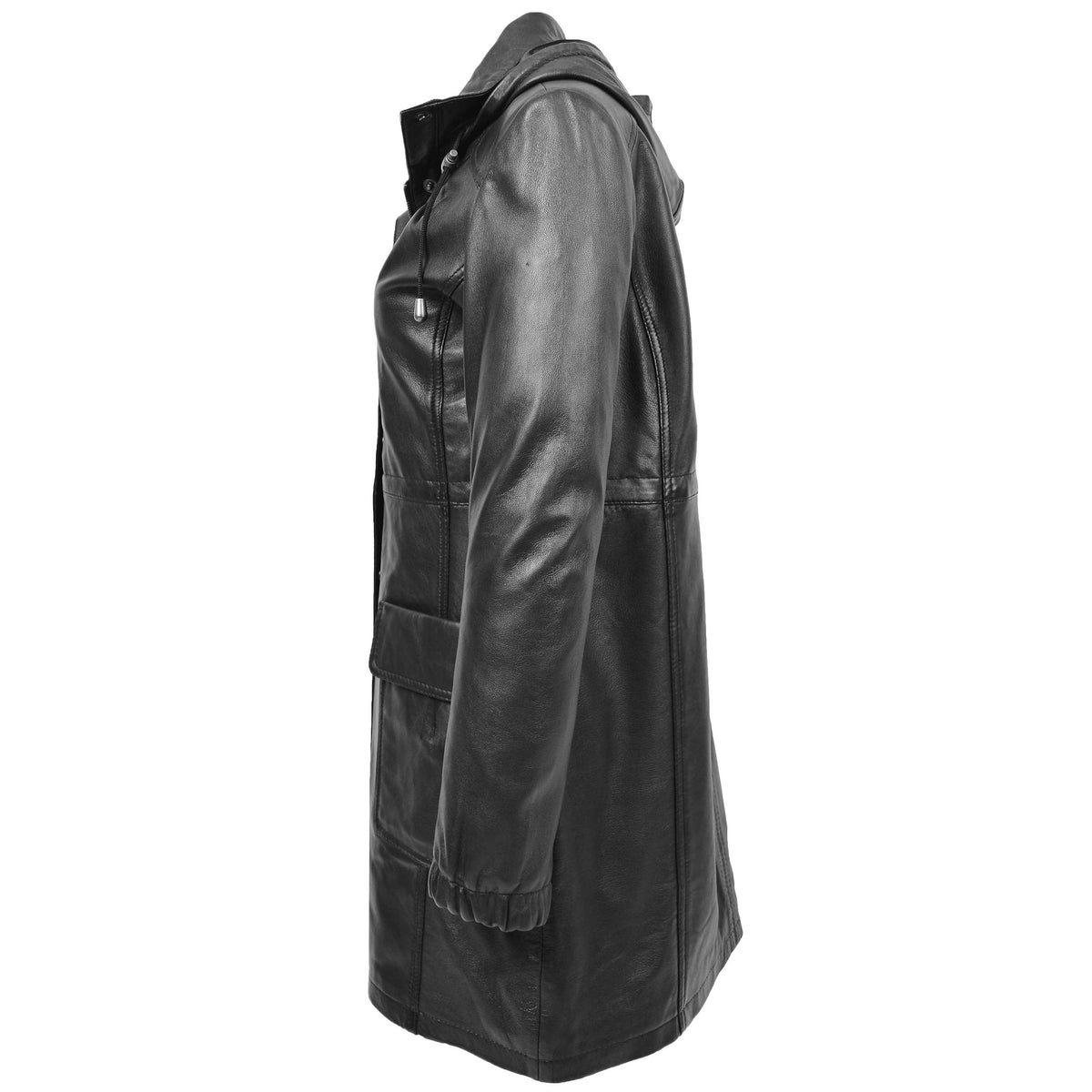 Womens 3/4 Length Leather Duffle Coat Kyra Black - genuine leather coat in black with 3/4 length